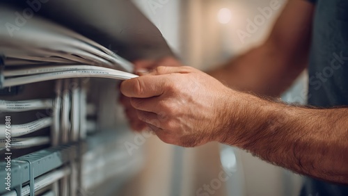 Focused moment of electrical component connection in contemporary home renovation space