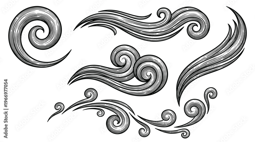 Fototapeta premium A collection of five ornate, swirling, monochromatic decorative elements resembling stylized waves or smoke plumes, rendered in a detailed, illustrative style with hatching.