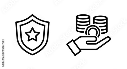 Financial protection and wealth management icon set featuring star shield security and hand holding money stacks representing insurance savings investment and banking capital safety concepts art
