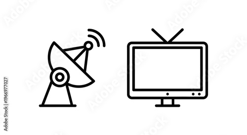 Satellite dish communication and television broadcasting icon set for media transmission telecommunication network signal connectivity and digital entertainment technology services branding