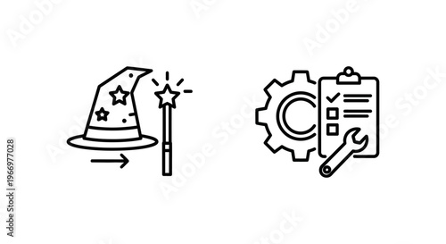 Software migration wizard and setup assistant icon set for technology installation configuration data transfer process and technical maintenance support interface design on a clean white background