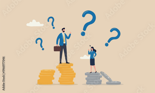 Gender pay, inequality bigger one fall between man and woman wage, salary or income, issue about gender diversification concept, businessman standing on much more paid money coins, woman on less small