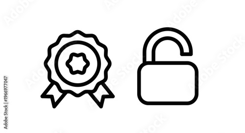 Award badge and open lock line icons for achievement recognition and digital access security systems