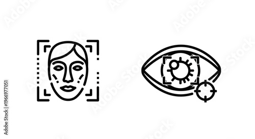 Face recognition and eye scanning technology line icons for biometric security and user identification