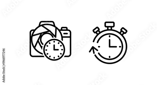 Interval shooting and interval timer camera icons set for photography time lapse capture and sequence timing functions on white background vector illustration