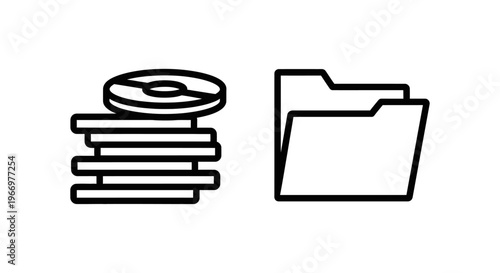 Stack of discs and digital collection folder icons set for archive data storage file management and information organization symbols