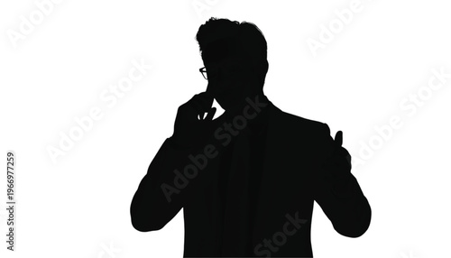 Businessman silhouette talks on a mobile phone while adjusting his jacket against a white background.