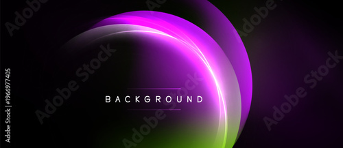 Abstract background features curved lines, vibrant purple, green hues. Modern design, sleek presentation, dark backdrop creates contrast.