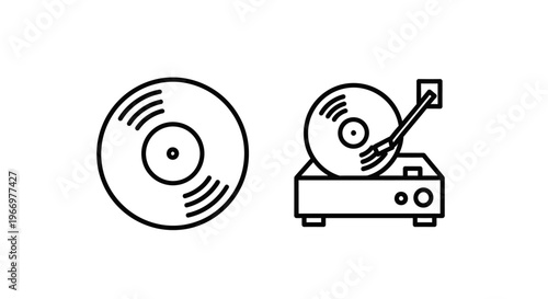 Vinyl record and turntable line icons set for music design