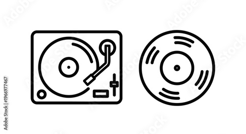 Vinyl turntable and record icon set for music and audio equipment visual representation