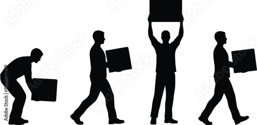 Silhouette collection of men carrying lifting and holding cardboard boxes for moving delivery and logistics services isolated on white background vector