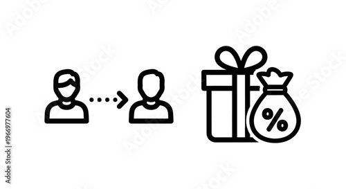 People and gift bag with percentage symbol icons in linear style, conceptual finance and shopping vector illustrations representing transaction, bonus, or special offer, isolated on white background