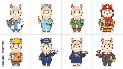  Set of funny cartoon animals featuring a cute alpaca, character collection in a vector illustration style Animal in Uniform, Doctor, Nurse, Firefighter, Air Hostess, Flight Captain, Teacher, Engineer