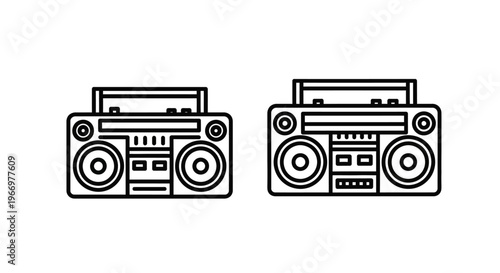 Set of boombox icons in simple black outline style, retro music players and cassette recorders vector illustrations for audio equipment themed design projects, isolated on white background