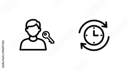 Linear icon set featuring a user login profile with a key and a rotating clock icon representing a session state, stylized black and white graphic elements for interface design