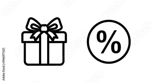 Set of minimalist linear icons depicting a gift box for exclusive offers and a percentage symbol for special discount promotions, isolated on a white background, vector graphic design style
