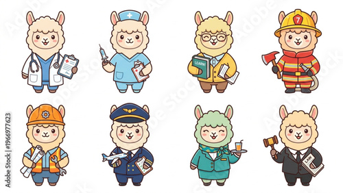  Set of funny cartoon animals featuring a cute alpaca, character collection in a vector illustration style Animal in Uniform, Doctor, Nurse, Firefighter, Air Hostess, Flight Captain, Teacher, Engineer