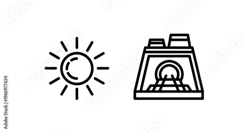 Set of modern line art icons showing a glowing sun and an industrial factory building, representing solar energy, power production and environmental industry concepts, minimalist black vector icons