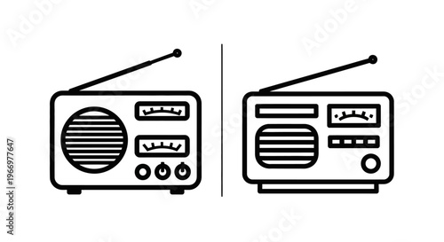 Vector icon set of two vintage retro style radio receivers with antennas and frequency dials, black and white minimalist line art design for audio technology and communication equipment