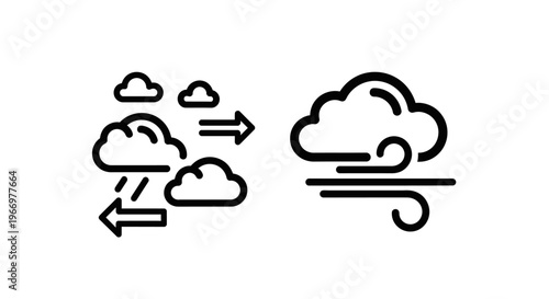 Set of meteorological weather icons featuring clouds with rain and wind blowing, minimalist black line art symbols for weather forecasting and atmospheric condition reports, isolated vector design