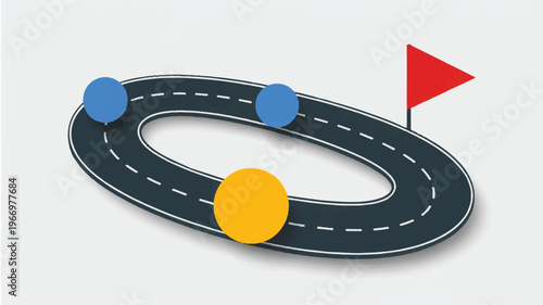 asphalt road with white dotted lines and three colored balls on gray background