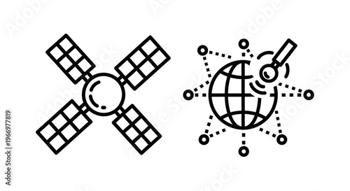 Satellite communication and orbital network icons, linear space exploration symbols for technology, global transmission, wireless connection, internet infrastructure, data connectivity, vector illustr