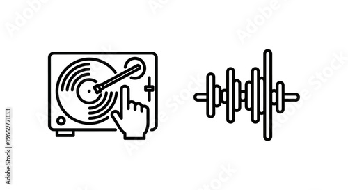 Turntable music and sound frequency waveform icons, linear dj console and audio signal symbols for record player, vinyl records, recording, entertainment, production, sound engineering vector set