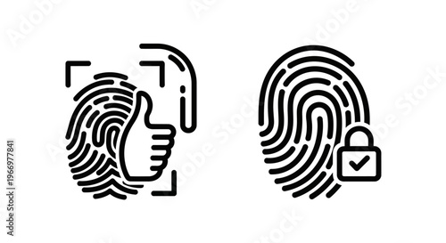 Fingerprint authentication and biometric security icons, linear identity verification and data protection symbols with padlock, finger scan, personal privacy, cybersecurity, access control set