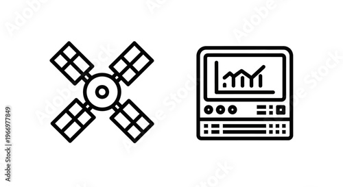 Satellite and data analysis monitor icons, linear orbital space technology and computer screen chart symbols for business intelligence, statistics, research, development, digital monitoring set