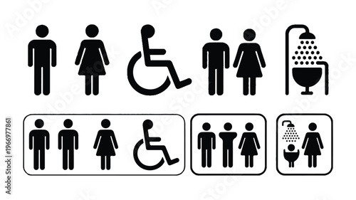 black and white bathroom and toilet icons with people and disabilities
