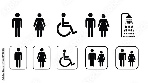 black and white bathroom icons set with people and symbols for accessibility and hygiene