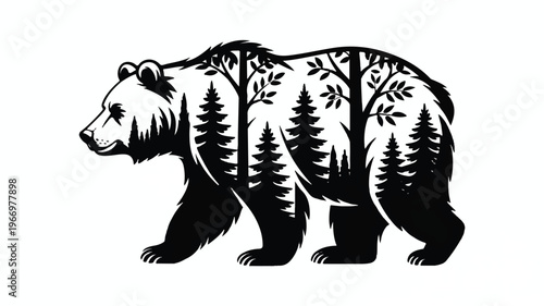 Black and white bear with trees on its body walking to the left side