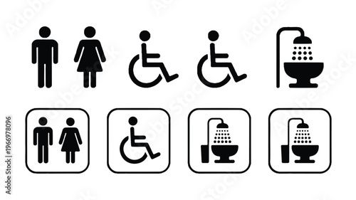 black and white icons of bathroom and toilet signs for accessibility