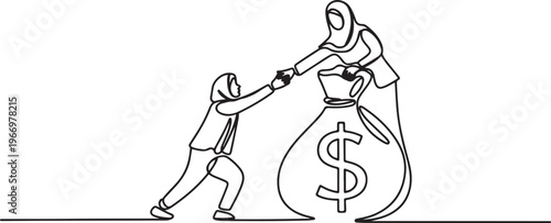 Arabian businesswoman helps colleague to climb money bag. Collaborate to gain mutual benefit. Stronger together. Great teamwork. One line draw graphic design vector