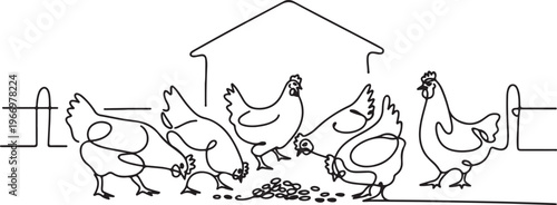 Chicken are looking for food around the house yard vector illustration. Animal activity design illustration simple linear style vector concept. One line draw graphic design vector