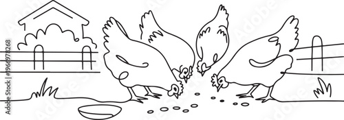Chicken are looking for food around the house yard vector illustration. Animal activity design illustration simple linear style vector concept. One line draw graphic design vector
