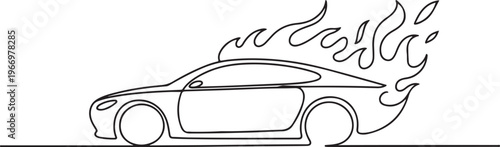 continuous line concept sketch drawing of car fire symbol. One line draw graphic design vector