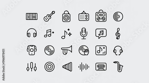 Black line icons of various music symbols and audio equipment on a light gray background