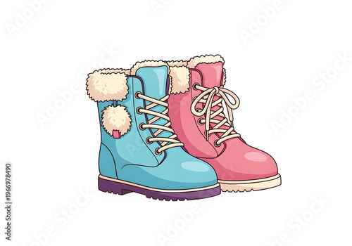 Charming pair of colorful winter boots, featuring one in light blue and another in cheerful pink, both adorned with soft fur trim and laces, ideal for cold weather fashion and cozy outdoor adventures