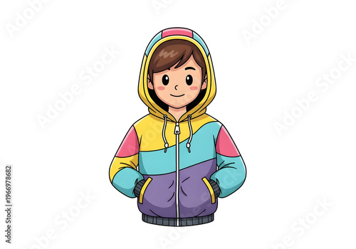 Cheerful cartoon illustration of a happy young person wearing a vibrant multi-colored hooded jacket, standing with hands in pockets, representing modern casual fashion and youthful energy
