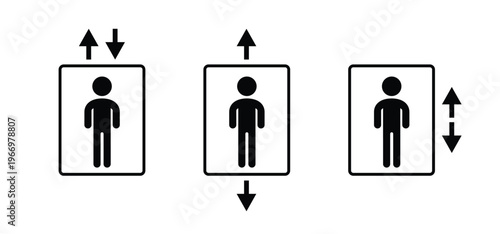 Cartoon elevator, lift icon. Line pattern. Elevator accessibility for down or up. Elevator doors. Maximum number of people. Open or closed doors in hallway