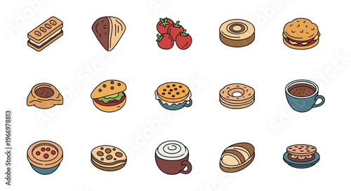 Colorful illustration of various breakfast pastries fruits and hot beverages