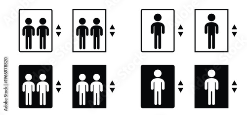 Cartoon elevator, lift icon. Line pattern. Elevator accessibility for down or up. Elevator doors. Maximum number of people. Open or closed doors in hallway