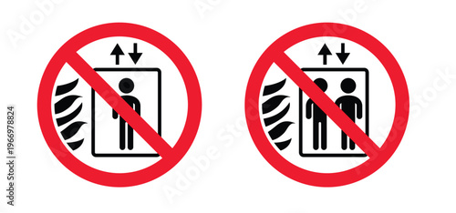 Fire warning, elevator, lift icon. Elevator accessibility for down or up. Elevator doors. No ban, Forbidden to use the elevator in case of fire.  prohibited or prohibited. Do not enter, up and down.