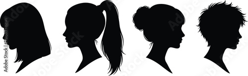 Silhouette collection of women head profiles featuring various hairstyles including ponytail bob cut bun and short messy hair isolated on white background vector