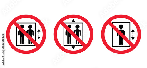 Fire warning, elevator, lift icon. Elevator accessibility for down or up. Elevator doors. No ban, Forbidden to use the elevator in case of fire.  prohibited or prohibited. Do not enter, up and down.