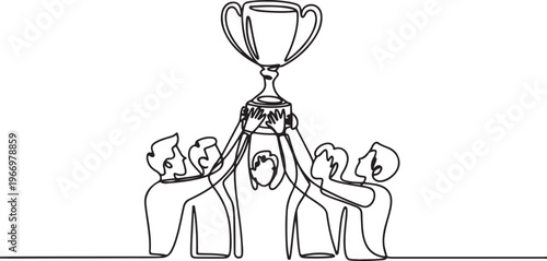 Group of people with trophy cup. One line drawing. Business, teamwork, success, help and goal concept. One line draw graphic design vector