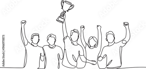 Group of people with trophy cup. One line drawing. Business, teamwork, success, help and goal concept. One line draw graphic design vector