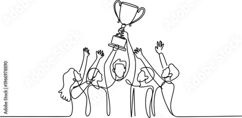 Group of people with trophy cup. One line drawing. Business, teamwork, success, help and goal concept. One line draw graphic design vector