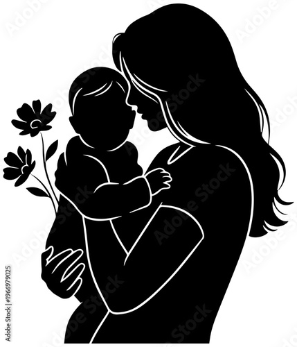 Loving mother holding baby with flowers, symbolizing maternal love and care